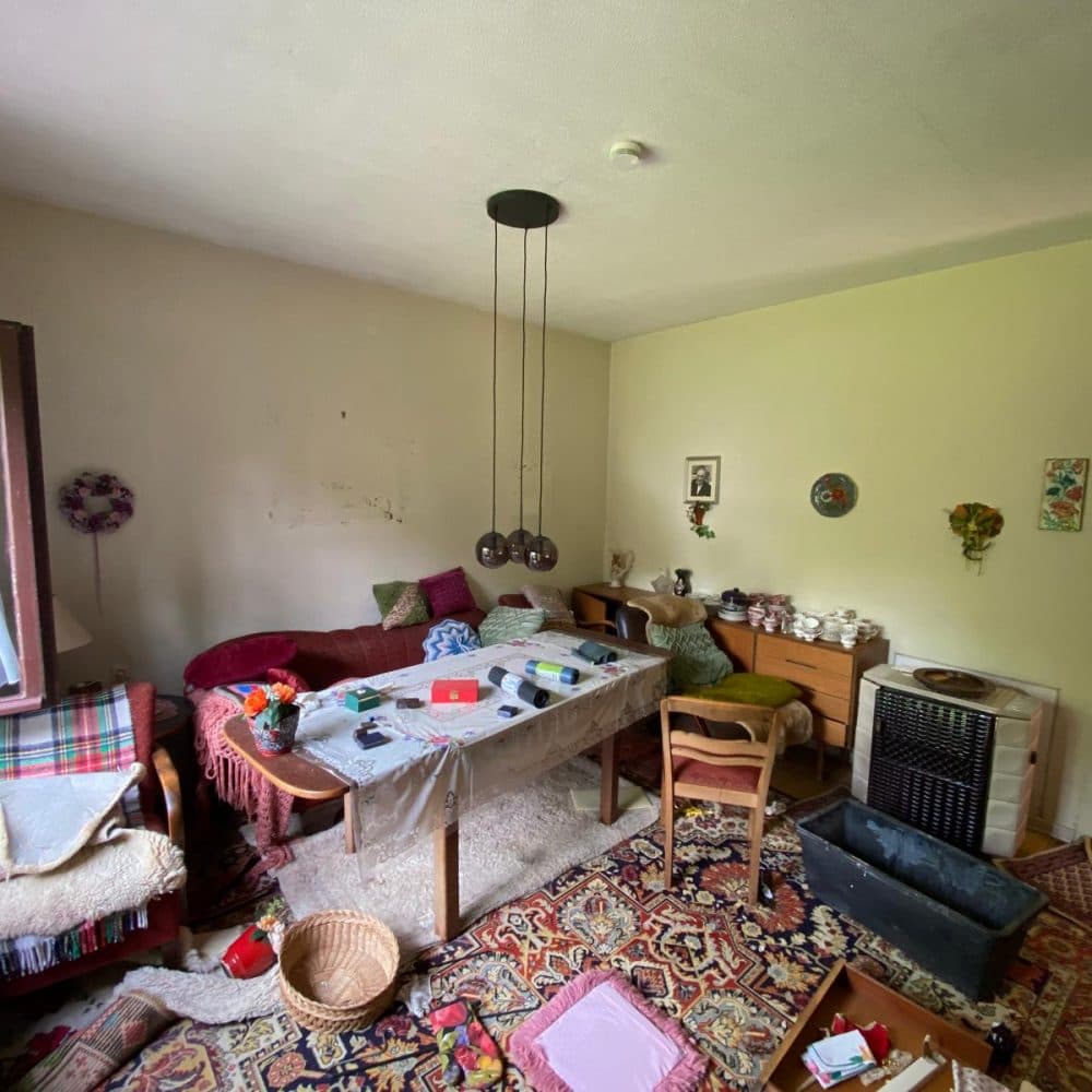 Wohnzimmer mit Möbeln, Teppich und Hausrat